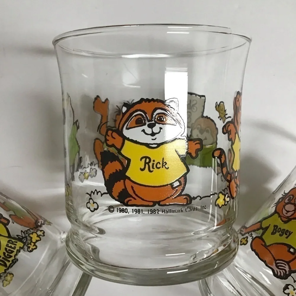 Shirt Tales Juice Glasses SET OF 3 Pammy Rick Tyg Cartoon ‘82 Hallmark Vintage